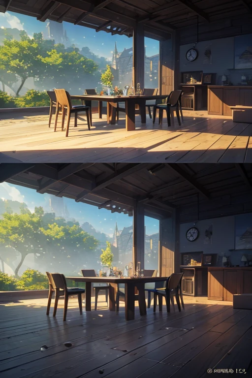 There are many tables and stools in the room,There is a clock, rpg scene, Anime landscape concept art, boromir in an anime world, forest city streets behind her, Greengar, anime scene, beautiful anime scenes, immensely detailed scene, cutscene clip, kinematics, Epic spacious courtyard, 2. 5D CGI anime fantasy artwork
