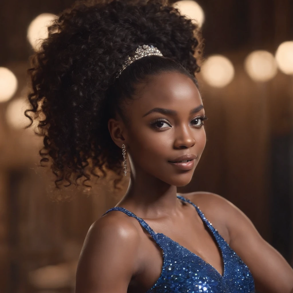 ((Dark African skin, Very deep ebony skin)), ((Its beauty undeniable)), ((Excited cute face)), ((Hyper detailed perfect eyes,)), ((Language output)), ((Seductive)), ((chic blue glitter dress)), ((Afro ponytail with long African curly hair)), ((full body, side view)), ((arms in the air)), ((indoor, gala, dancing, club, Masquerade Ball, people in the background)), Sharp Focus CGI, photoreallistic, High detail, Realstic, Masterpiece, absurdes, Best quality, Hdr, High quality, high-definition, Extremely detailed, 8k wallpaper, Intricate details, 8K UHD, Full-HD, (photo realist:1.2), contraste, intense illumination, lighting cinematic, natural lighting, veilleuse, Nuit, Illumination globale, Laughing out loud, a la piscine African women、Female sexy, the hague