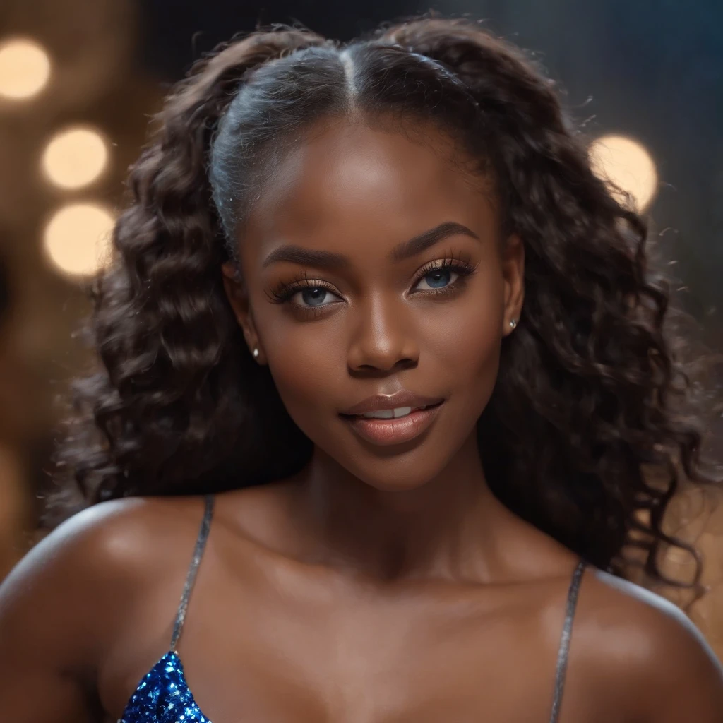 ((Dark African skin, Very deep ebony skin)), ((Its beauty undeniable)), ((Excited cute face)), ((Hyper detailed perfect eyes,)), ((Language output)), ((Seductive)), ((chic blue glitter dress)), ((Afro ponytail with long African curly hair)), ((full body, side view)), ((arms in the air)), ((indoor, gala, dancing, club, Masquerade Ball, people in the background)), Sharp Focus CGI, photoreallistic, High detail, Realstic, Masterpiece, absurdes, Best quality, Hdr, High quality, high-definition, Extremely detailed, 8k wallpaper, Intricate details, 8K UHD, Full-HD, (photo realist:1.2), contraste, intense illumination, lighting cinematic, natural lighting, veilleuse, Nuit, Illumination globale, Laughing out loud, a la piscine African women、Female sexy, the hague
