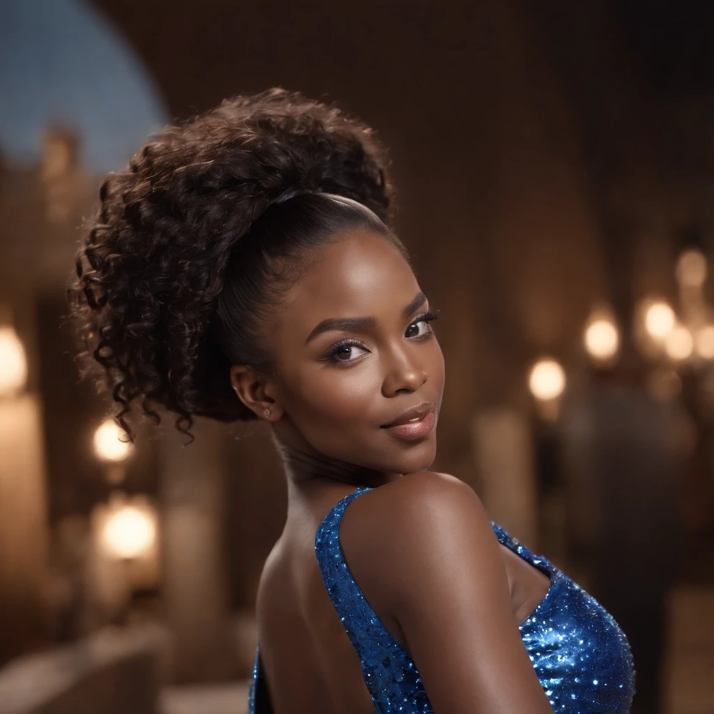 ((Dark African skin, Very deep ebony skin)), ((Its beauty undeniable)), ((Excited cute face)), ((Hyper detailed perfect eyes,)), ((Language output)), ((Seductive)), ((chic blue glitter dress)), ((Afro ponytail with long African curly hair)), ((full body, side view)), ((arms in the air)), ((indoor, gala, dancing, club, Masquerade Ball, people in the background)), Sharp Focus CGI, photoreallistic, High detail, Realstic, Masterpiece, absurdes, Best quality, Hdr, High quality, high-definition, Extremely detailed, 8k wallpaper, Intricate details, 8K UHD, Full-HD, (photo realist:1.2), contraste, intense illumination, lighting cinematic, natural lighting, veilleuse, Nuit, Illumination globale, Laughing out loud, a la piscine African women、Female sexy, the hague