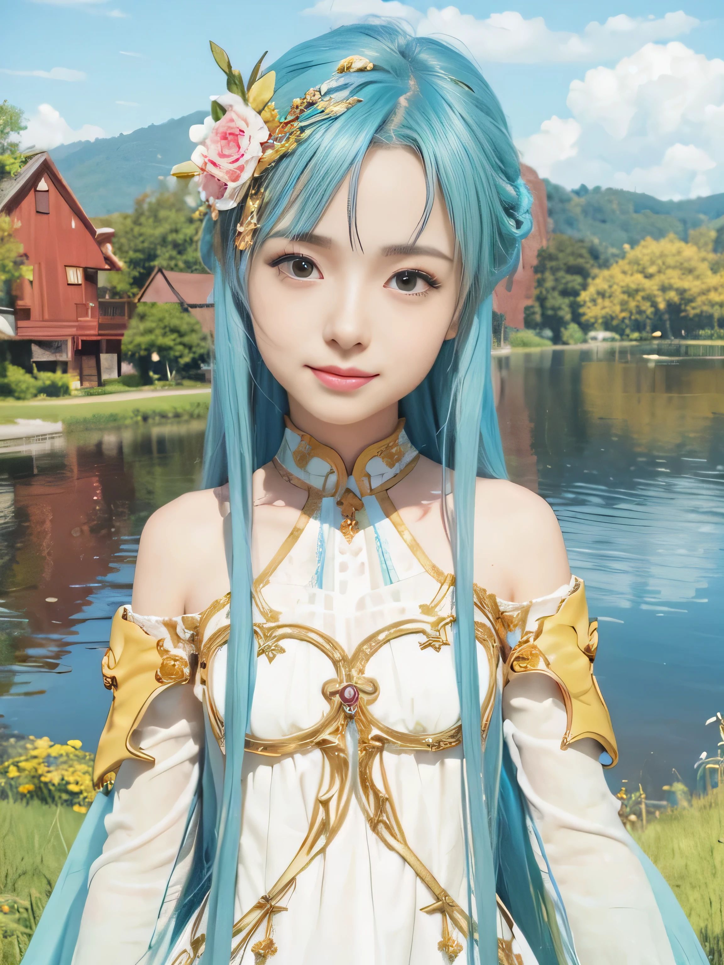 masterpiece, best quality, (realistic,photo-realistic:1.4), (RAW photo:1.2), extremely detailed CG unity 8k wallpaper, delicate and beautiful, amazing,finely detail, official art, absurdres, incredibly absurdres, huge filesize, ultra-detailed,extremely detailed eyes and face,light on face,little smile,(cyan hair:1.3),lake background,long hair,(wearing gold dress:1.4),asuna yuuki,hair ornament