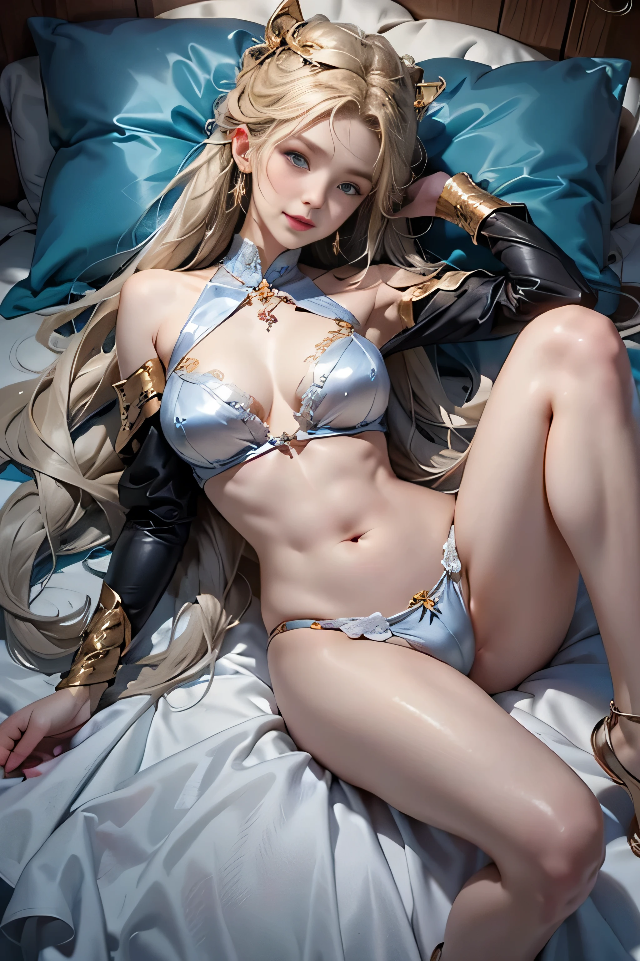 ((best qualtiy)),((Superior Quality, 8K, tmasterpiece: 1.5)), Pubic area is clear: 1.2, Perfect Body Beauty: 1.4, Breasts are big, Silvery hair,Red belly pocket,wetted skin, squint smile,Sleeping on the bed,Legs open,legs are open,(yawning being)