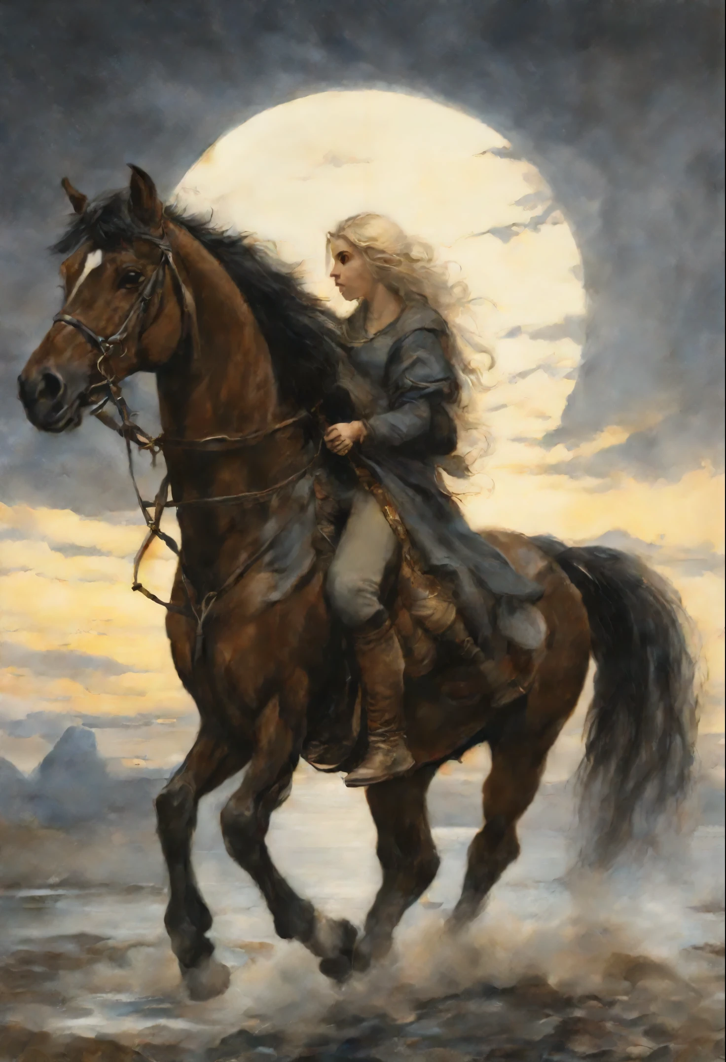 真实感, a painting, Fantastic tale,  John Tolkien style, Small painting by Jean-Baptiste Monge, Take care, Take care,
- Protect себя, protect yourself,
When you see twilight.
- When it gets dark.
Find a secluded place before dark.
- Find a secluded place before dark.
Defend yourself, protect yourself,
- Protect, protect yours,
gal, you will lift the curse,
- gal, you will lift the curse,
The night will fly on wings.
- The night will fly in like on wings.
There&#39;s a horse on the other side of the river,
- There&#39;s a horse galloping across that river.,
A thick shadow falls on his mane.
– He has a thick shadow on his mane.
Пусть father will save his son,
 It's possible, father will save his son,
From the wings, which are beating ever lower, lower.
- In front of the wings, which are beating ever lower, lower.
Leave, then go away!
- Let&#39;s, Come on, Come on!
sundial,
 sundial лейтенанта,
Let them dim the lights halfway.
- Dim the lights halfway.
gal, do you have сила, do you have,
- It's possible, It's possible, You have власть, You have,
gal, you&#39;re the one,
- gal, you&#39;re the one,
Knock the monster out of the sky.
- To knock a monster out of the sky.
There&#39;s a horse on the other side of the river,
- There&#39;s a horse galloping across that river.,
She has more mane, which is difficult, Jean-Baptiste Monge, anthropomorphic --ar 2:3 --testp -optimistic;  Straight hair
