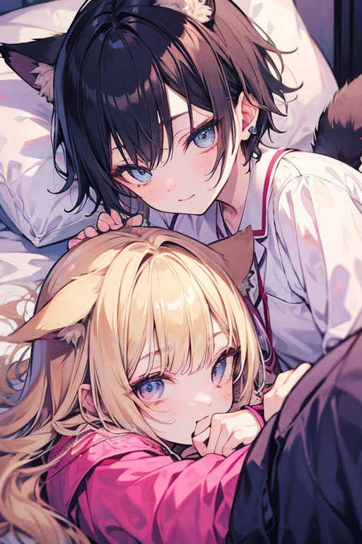Unparalleled beauty,face perfect、Bedrooms、Lying in bed、well-muscled、(2man,Gay Male Relationships),Perfect Eye、Blue Eye、 By Shinkai Makoto、Animal ears、Animal tail、a blonde and a black hair、nightwear、もこもこのs Pajamas、Warm、s Pajamas、what will happen then??'Sleeping、smil、steam、firefly、short bread、push down opponent