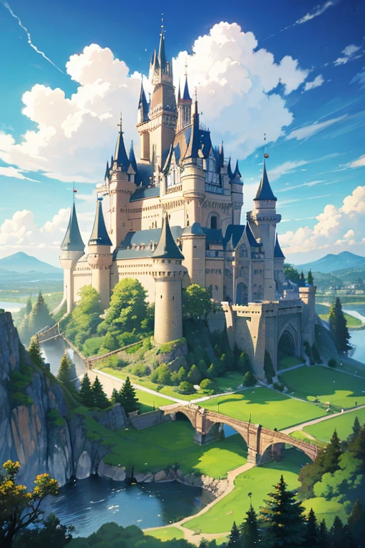 There is a castle on the hill，There is a tree in the foreground, castle scene manga, castle background, Castle setting, Epic castle with towering spiers, huge castle, ( castle in background ), beautiful anime scenes, a huge floating castle, anime scene, castle in the sky style, studio ghibli anime screenshot, Beautiful castle, Anime landscapes, castle in background