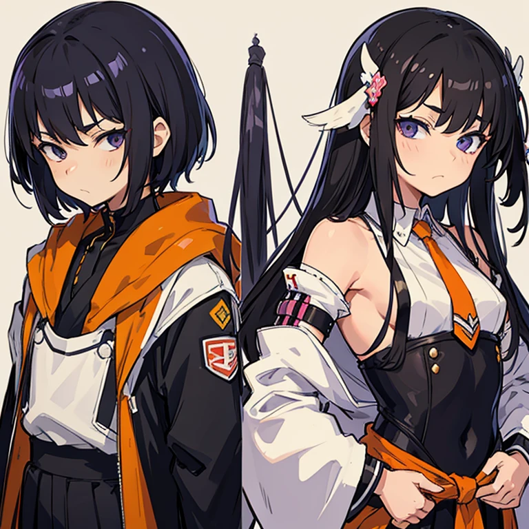 (tmasterpiece,best qualtiy)Multiple views of the same character in the same costume, whole body proportions, character concept,A young man with mixed purple and black hair、An 18-year-old man、Clothes that are a mix of Japanese and cyberpunk、black, white and a little orange clothes、Troubled face with thick eyebrows、A detailed face、Black slacks、neck tie