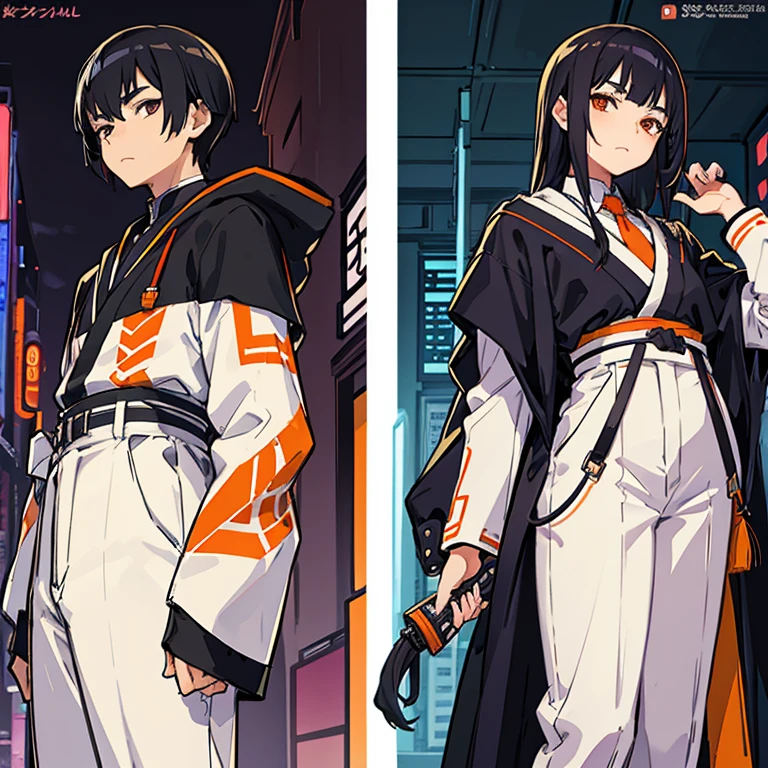 （tmasterpiece，best qualtiy）Multiple views of the same character in the same costume, whole body proportions， character concept，A young man with mixed purple and black hair、An 18-year-old man、Clothes that are a mix of Japanese and cyberpunk、black, white and a little orange clothes、Troubled face with thick eyebrows、A detailed face、Black slacks、neck tie