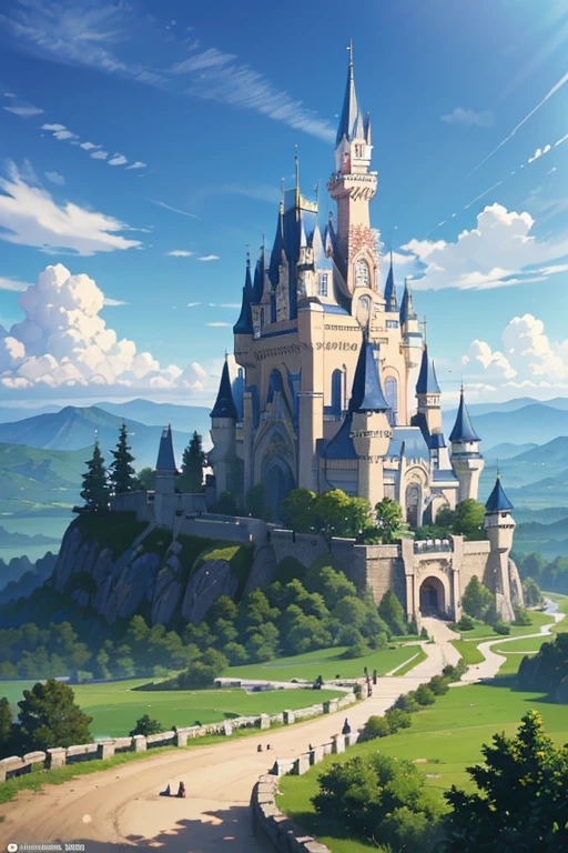 (best quality,4k,8k,highres,masterpiece:1.2),ultra-detailed,(realistic,photorealistic,photo-realistic:1.37),castle on the mountain,tree in the foreground,cartoon castle scene,castle background,castle setting,epic castle with towering spires,huge castle,(castle in the background),beautiful anime scenes,a massive floating castle,anime scenery,castle in the style of "Castle in the Sky",screenshots from Studio Ghibli animations,gorgeous castle,anime landscape,castle in the background