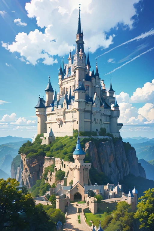 (best quality,4k,8k,highres,masterpiece:1.2),ultra-detailed,(realistic,photorealistic,photo-realistic:1.37),castle on the mountain,tree in the foreground,cartoon castle scene,castle background,castle setting,epic castle with towering spires,huge castle,(castle in the background),beautiful anime scenes,a massive floating castle,anime scenery,castle in the style of "Castle in the Sky",screenshots from Studio Ghibli animations,gorgeous castle,anime landscape,castle in the background
