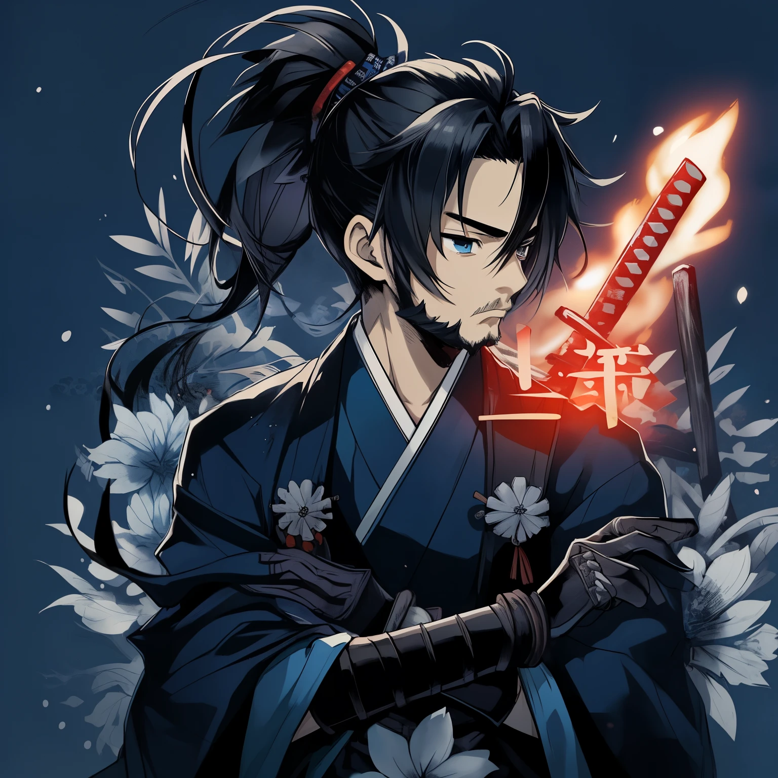 anime samurai young boy with samurai ponytail, with tiny beard with blue kimono and with full black gloves