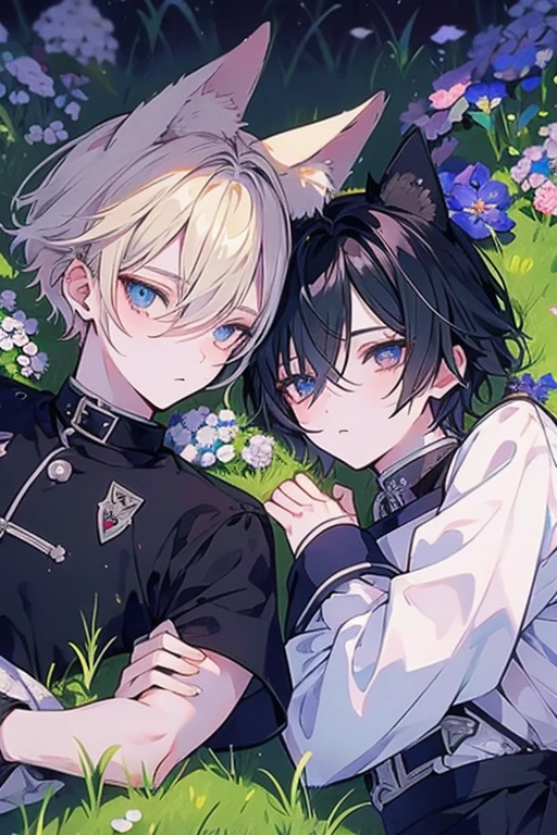 Unparalleled beauty,face perfect、Lying in the meadow、、well-muscled、(2man,Gay Male Relationships),Perfect Eye、Blue Eye、 By Shinkai Makoto、Animal ears、Animal tail、a blonde and a black hair、校服、what will happen then??'Sleeping、smil、