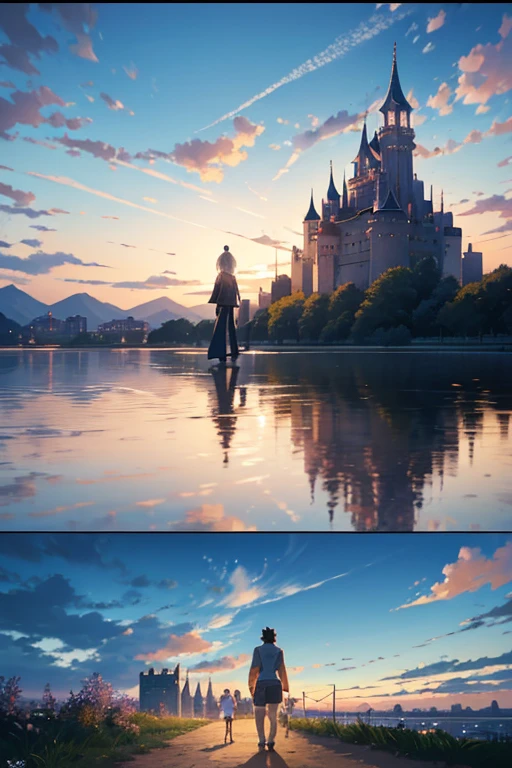 Anime scene of a couple walking on a dirt road,The background is a castle, sky cities风格, sky cities, a huge floating castle, ( castle in background ), Today’s recommended anime is still, screenshot from the anime film, Screenshot of the 2012 animation, castle in distance, castle in distance, standing near a castle