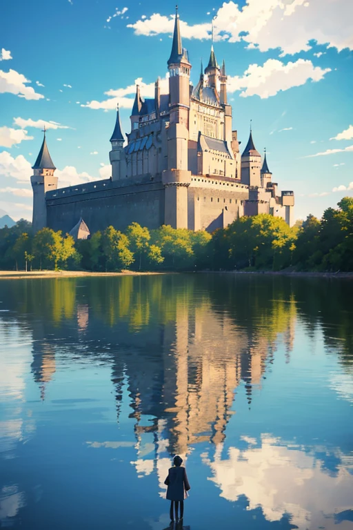 Anime scene of a couple walking on a dirt road,The background is a castle, sky cities风格, sky cities, a huge floating castle, ( castle in background ), Today’s recommended anime is still, screenshot from the anime film, Screenshot of the 2012 animation, castle in distance, castle in distance, standing near a castle