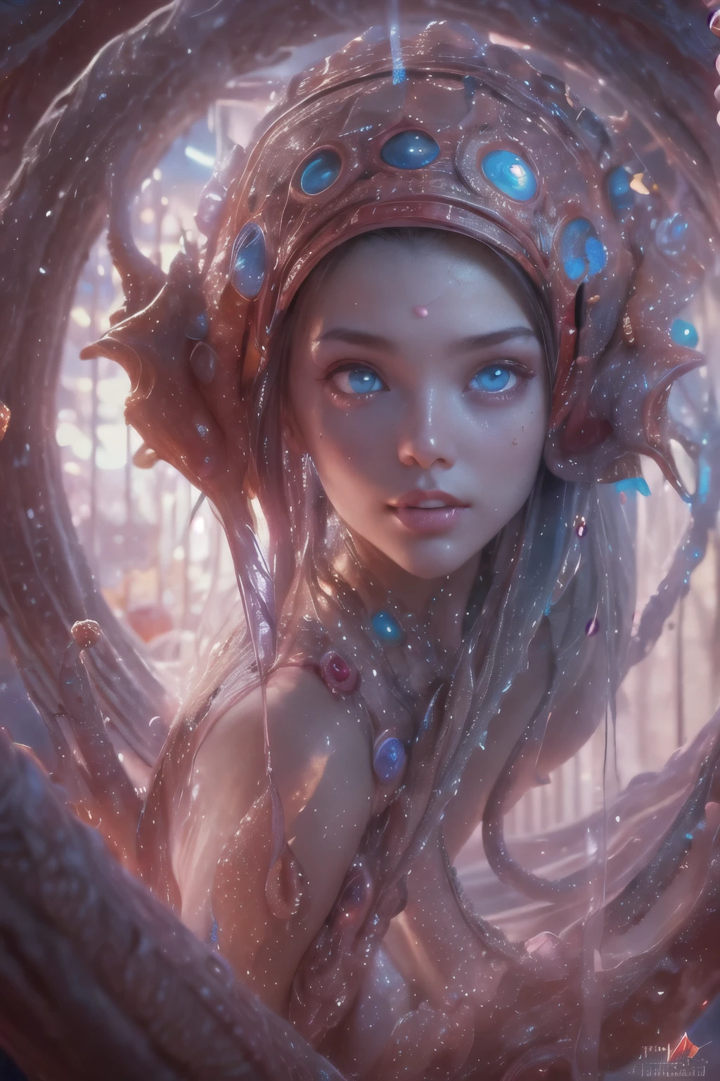 Portrait, (beautiful female alien:1.2), (she has red eyes with no pupils:1.8), (Translucent skin:1.7), (There is a female genital-like organ in the middle of the forehead:1.9), (The most beautiful face in the history of the universe:1.2),an evil gaze that seduces, (large mouth:1.1), (sharp teeth like a vampire:1.2), Full body like, (bio luminescent:1.5), (Smile wickedly:1.3), (sexypose:1.5), alien, No humans, cells are fused, (Lots of translucent tentacles:1.3) extraterrestrial, cell, bio image, Best Quality, 8K,4K_quality, High Definition, Dramatic Lighting, masutepiece:1.5,cinematic quality, detail up, (Intricate details:1.2), High resolution, High Definition, drawing faithfully, (Thick eyebrows:1.2), Beautiful eyes with fine symmetry,(Highly detailed face and eyes:1.2), Intimate face, (Super detailed skin quality feeling:1.4), Perfect Anatomy, (Beautiful toned body:1.5), (Moist skin:1.2), No makeup, (dark circles:1.1), long canines, cinematic drawing of characters, ultra high quality model, cinematic quality, detail up, (Intricate details:1.2), High resolution, High Definition, drawing faithfully, Official art, Unity 8K wall , 8K Portrait, Best Quality, Very High resolution, ultra detailed artistic photography, midnight aura, unreal enginee 5, Ultra Sharp Focus, art by alberto seveso, ArtGerm, Roisch, intricate artwork, best quality, masutepiece, ultra High resolution, (photos realistic:1.4), Ultra-realistic realism, dream-like, nautilus, Creation of fantasy, Snail, Dream Snail, biopunk nautilus, Thrilling color schemes, Ultra-realistic realism, seductively smiling, Blue tentacles,