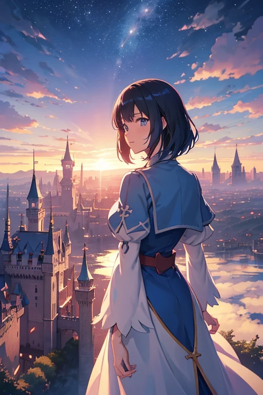 There is a castle，There is a cross on it, beautiful anime scenes, castle scene manga, sky cities风格, howl\'s moving castle at night, castle background, screenshot from the anime film, sky cities, Screenshot of the 2012 animation, style of marc simonetti, Beautiful castle, inspired by Marc Simonetti