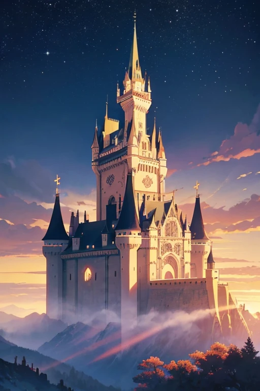 There is a castle，There is a cross on it, beautiful anime scenes, castle scene manga, sky cities风格, howl\'s moving castle at night, castle background, screenshot from the anime film, sky cities, Screenshot of the 2012 animation, style of marc simonetti, Beautiful castle, inspired by Marc Simonetti