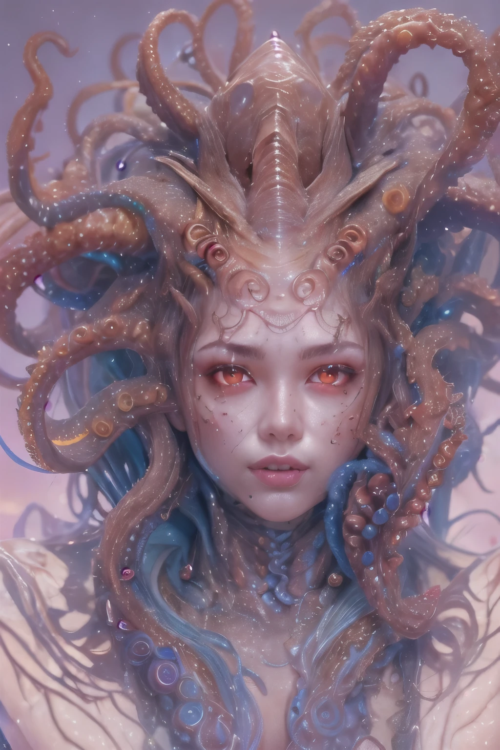 Portrait, (beautiful female alien:1.2), (she has red eyes with no pupils:1.8), (Translucent skin:1.7), (There is a female genital-like organ in the middle of the forehead:1.9), (The most beautiful face in the history of the universe:1.2),an evil gaze that seduces, (large mouth:1.1), (sharp teeth like a vampire:1.2), Full body like, (bio luminescent:1.5), (Smile wickedly:1.3), (sexypose:1.5), alien, No humans, cells are fused, (Lots of translucent tentacles:1.3) extraterrestrial, cell, bio image, Best Quality, 8K,4K_quality, High Definition, Dramatic Lighting, masutepiece:1.5,cinematic quality, detail up, (Intricate details:1.2), High resolution, High Definition, drawing faithfully, (Thick eyebrows:1.2), Beautiful eyes with fine symmetry,(Highly detailed face and eyes:1.2), Intimate face, (Super detailed skin quality feeling:1.4), Perfect Anatomy, (Beautiful toned body:1.5), (Moist skin:1.2), No makeup, (dark circles:1.1), long canines, cinematic drawing of characters, ultra high quality model, cinematic quality, detail up, (Intricate details:1.2), High resolution, High Definition, drawing faithfully, Official art, Unity 8K wall , 8K Portrait, Best Quality, Very High resolution, ultra detailed artistic photography, midnight aura, unreal enginee 5, Ultra Sharp Focus, art by alberto seveso, ArtGerm, Roisch, intricate artwork, best quality, masutepiece, ultra High resolution, (photos realistic:1.4), Ultra-realistic realism, dream-like, nautilus, Creation of fantasy, Snail, Dream Snail, biopunk nautilus, Thrilling color schemes, Ultra-realistic realism, seductively smiling, Blue tentacles,