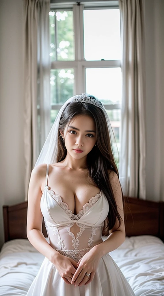 Portrait of newlyweds, Male to Female, (((bride, Wedding Dresses, Lace pattern, Open shoulders, Open the page..., balance, Sexy, (slim, slim), (Show big breasts), (long-haired, long-hairedมาก), ม่านbride))), bokeh, Depth of Field, blurred background, light particle, high wind, See the whole body., Nude, No clothes., Show all proportions, Behind the bedroom, ((Pose for a photo, crawl, hand push up)), Look at the audience., ผ้าคลุมหัวbride))), Sent to the dorm room, ((The groom hugged the back.)), (((Busty groom)))