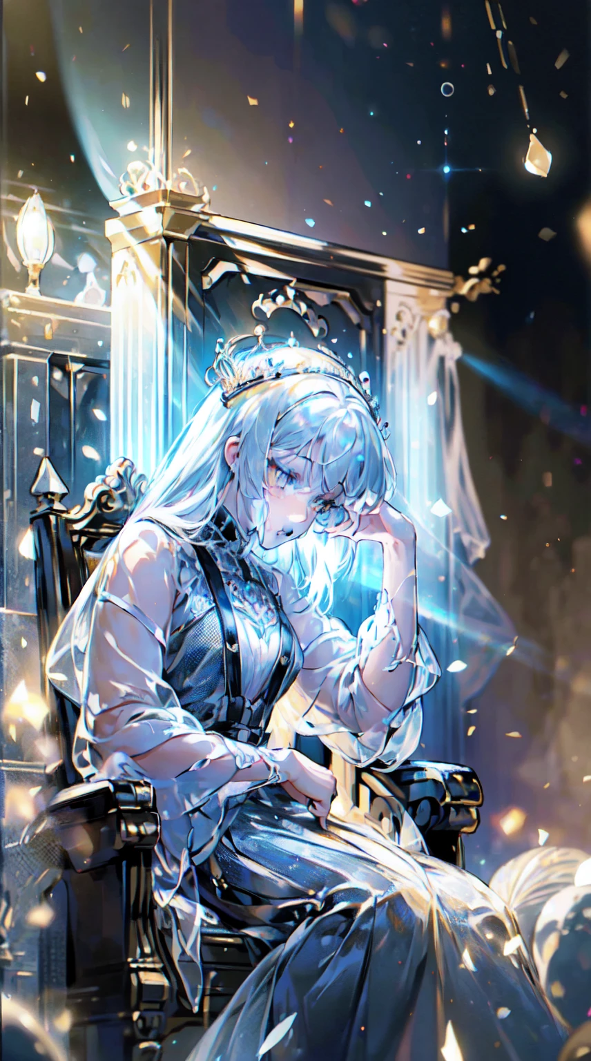 (Masterpiece:1.2), best quality, (illustration:1.2), (ultra-detailed), hyper details, (delicate detailed), (intricate details), (cinematic light, best quality Backlights), clear line, from below, soloist, perfect body, (1girl), white hair and yellow eyes, (emperor, black see-through clothes), (crown: 1.1), sitting on the throne, eyes slightly closed, head down, (shy: 1.2 ), (makeup), high contrast, (best illumination, an extremely create and beautiful), (cinematic light), colorful,