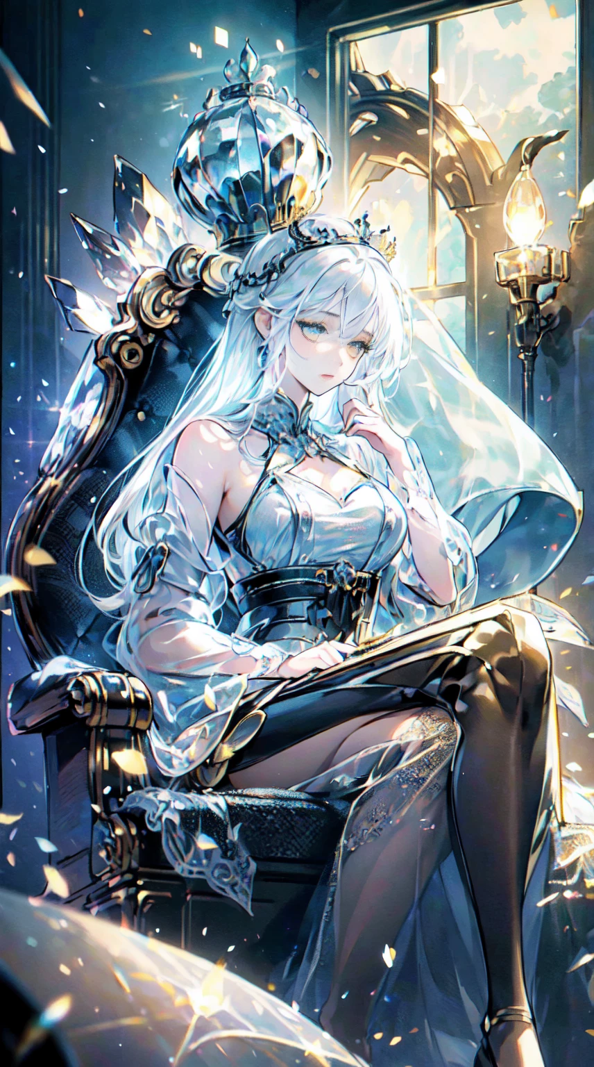 (Masterpiece:1.2), best quality, (illustration:1.2), (ultra-detailed), hyper details, (delicate detailed), (intricate details), (cinematic light, best quality Backlights), clear line, from below, soloist, perfect body, (1girl), white hair and yellow eyes, (emperor, black see-through clothes), (crown: 1.1), sitting on the throne, eyes slightly closed, head down, (shy: 1.2 ), (makeup), high contrast, (best illumination, an extremely create and beautiful), (cinematic light), colorful,