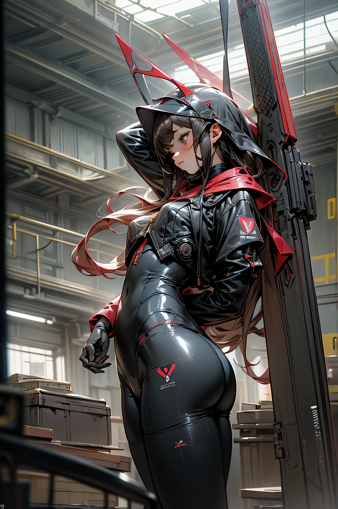 ((Stunning high resolution illustration of girl with long orange hair, purple eyes, vestindo roupa escolar, segurando uma sniper em uma pose sexy, em estilo anime))