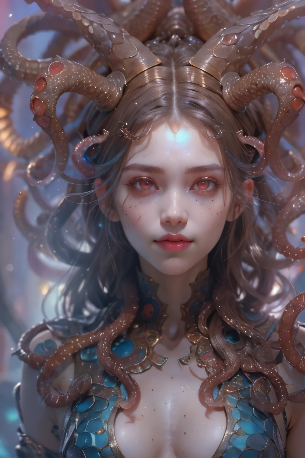 Portrait, (beautiful female alien:1.2), (she has red eyes with no pupils:1.8), (Translucent skin:1.7), (There is a female genital-like organ in the middle of the forehead:1.9), (The most beautiful face in the history of the universe:1.2),an evil gaze that seduces, (large mouth:1.1), (sharp teeth like a vampire:1.2), Full body like, (bio luminescent:1.5), (Smile wickedly:1.3), (sexypose:1.5), alien, No humans, cells are fused, (Lots of translucent tentacles:1.3) extraterrestrial, cell, bio image, Best Quality, 8K,4K_quality, High Definition, Dramatic Lighting, masutepiece:1.5,cinematic quality, detail up, (Intricate details:1.2), High resolution, High Definition, drawing faithfully, (Thick eyebrows:1.2), Beautiful eyes with fine symmetry,(Highly detailed face and eyes:1.2), Intimate face, (Super detailed skin quality feeling:1.4), Perfect Anatomy, (Beautiful toned body:1.5), (Moist skin:1.2), No makeup, (dark circles:1.1), long canines, cinematic drawing of characters, ultra high quality model, cinematic quality, detail up, (Intricate details:1.2), High resolution, High Definition, drawing faithfully, Official art, Unity 8K wall , 8K Portrait, Best Quality, Very High resolution, ultra detailed artistic photography, midnight aura, unreal enginee 5, Ultra Sharp Focus, art by alberto seveso, ArtGerm, Roisch, intricate artwork, best quality, masutepiece, ultra High resolution, (photos realistic:1.4), Ultra-realistic realism, dream-like, nautilus, Creation of fantasy, Snail, Dream Snail, (biopunk nautilus:1.3), Thrilling color schemes, Ultra-realistic realism, seductively smiling, Blue tentacles,