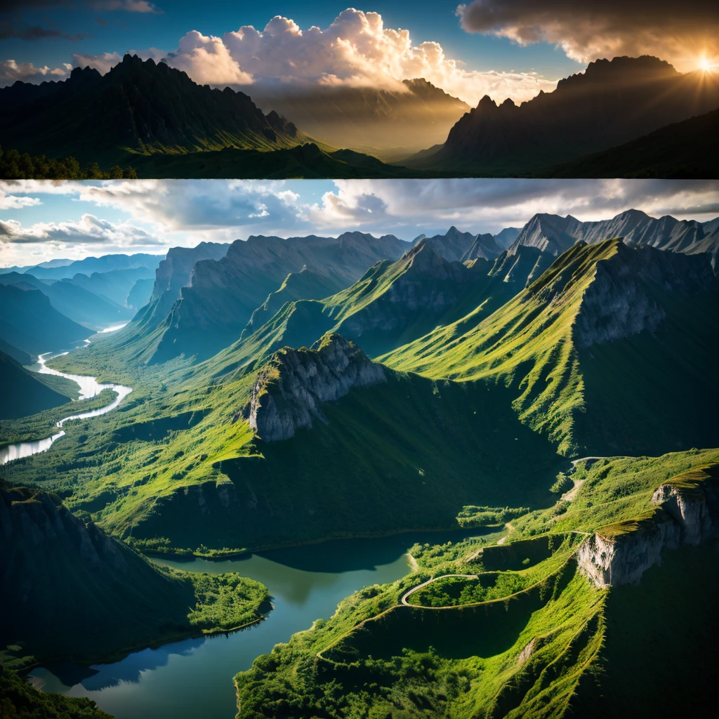 (masutepiece, Best Quality:1.2), (masutepiece, Best Quality:1.2), landscape, aerial photograph, Tropical mountains々, landscape indigo accent, mythology, Cinematic,Detailed, Atmospheric,back lighting,epicd, Cinematic, Compect Art, matte painting, Beautiful scenery, Realistic lighting, masutepiece, High quality, Beautiful graphics, high detailing, ultra Detailed, Cinematic lighting, nffsw, ilustration, --V6