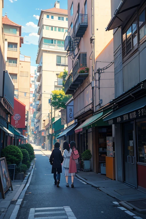 a painting on the street，people walking on the street，The background is a building, anime scene, beautiful anime scenes, Anime beautiful peaceful scene, screenshot from the anime film, Anime landscapes, Anime countryside landscape, Anime background art, beautiful anime scenery, Screenshot of the 2012 animation, in the anime film, Opening scene, Colorful anime movie background