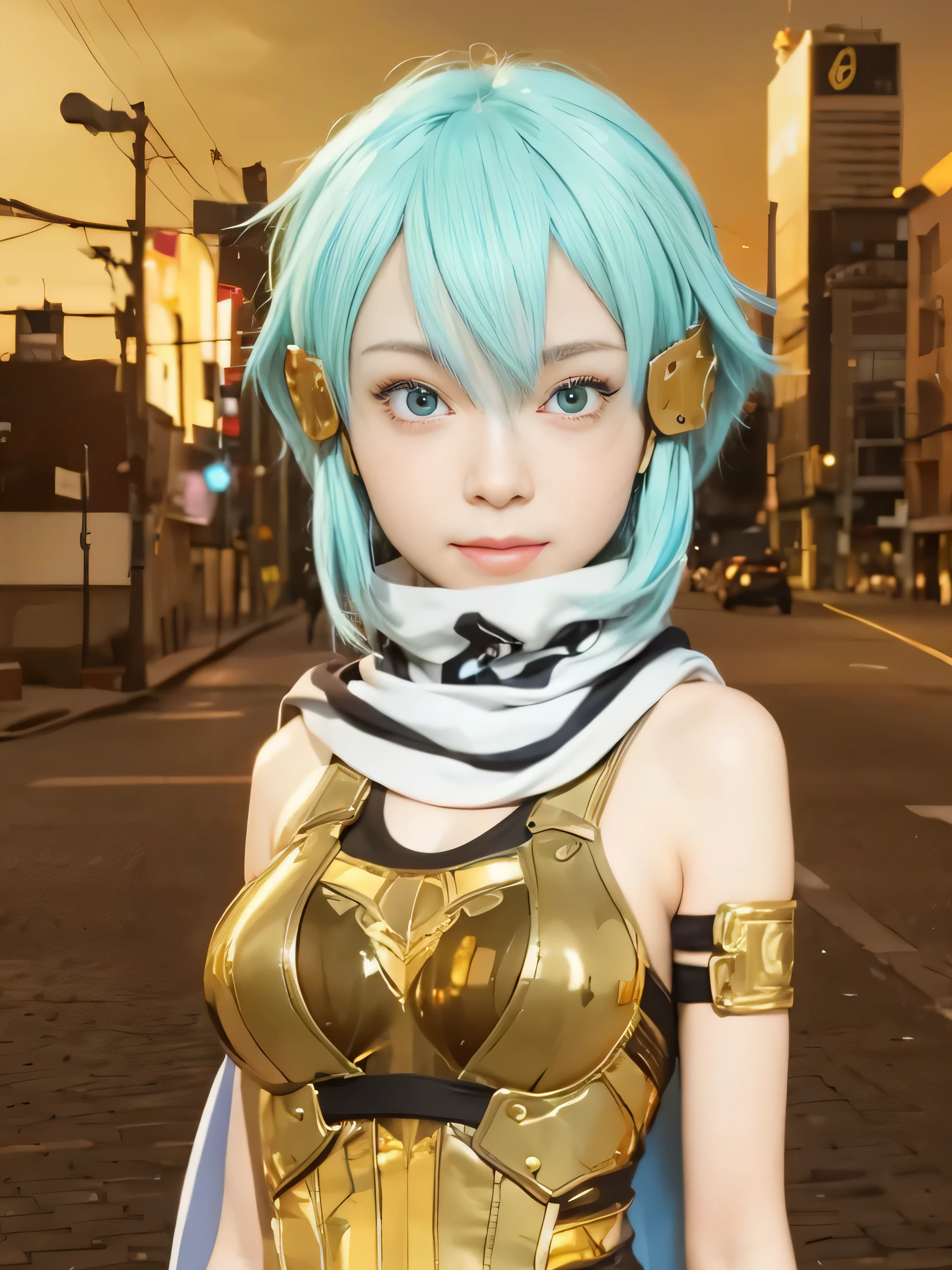 masterpiece, best quality, (realistic,photo-realistic:1.4), (RAW photo:1.2), extremely detailed CG unity 8k wallpaper, delicate and beautiful, amazing,finely detail, official art, absurdres, incredibly absurdres, huge filesize, ultra-detailed,extremely detailed eyes and face,light on face,little smile,(cyan hair:1.3),(city background:1.5),short hair,(wearing gold bodysuit:1.4),sinon,hair ornament,wearing scarf