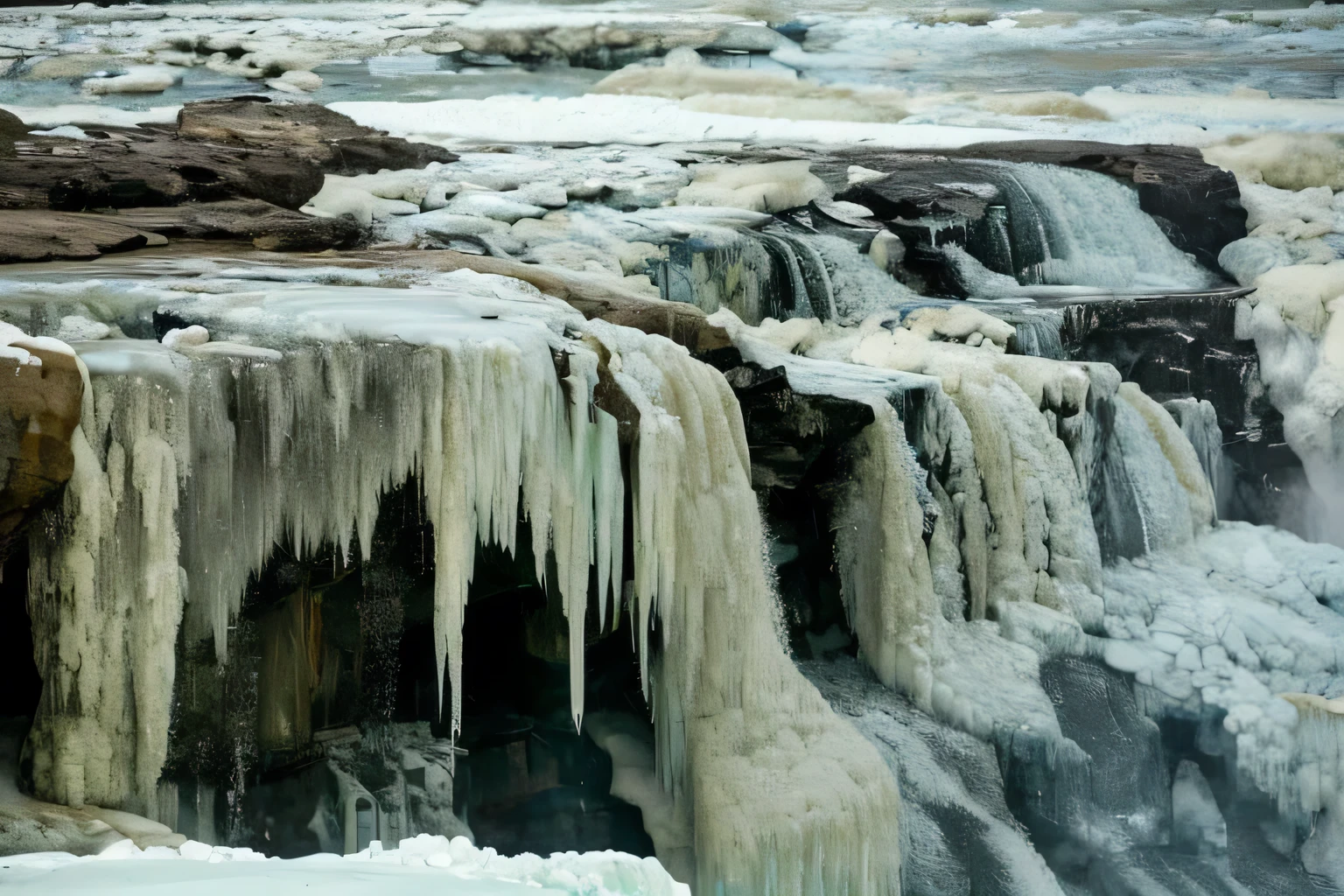 araffe falls with Icicles and water flowing down it, Frozen waterfalls, icy landscape, Cold but beautiful, icy, Stunningly detailed, icy glaciers, frozen sea, glacier photography, scary sharp icy, Water waterfall, Covered in , frozen and Covered in , Icicles, in an icy river, river rapids, frozen river, icy