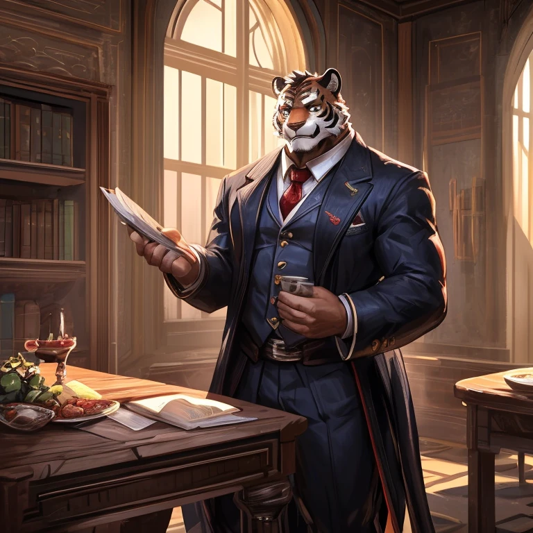 Alone,  fantasy role play interior door (dining room),  ((full bodyesbian)), (sweaty:1.2), Detailed fantasy RPG background, The is very detailed, style of anime, 锐利的shadowing,  shadowing,  digital flat colors, gentlesoftlighting:1.3),(Best quality at best:1.4), (Extremely detailed illustration),  Good anatomy, (by lindong, Empty ghost), (Detailed RPG CG),  (Thigh thick:1.2), fully dressed, (Detailed straight face:1.2), (Wear formal clothing:1.5) full bodyesbian, Sit at the table, (male human tiger:1), A vibrant, ((full bodyesbian)).