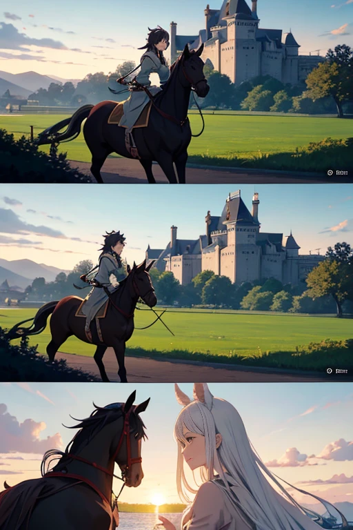 Scene with a horse and rider in front of the castle, black clover screenshot, screenshot from the anime film, Today’s recommended anime is still, castle scene manga, Screenshot of the 2012 animation, anime scene, TV animation stills, anime movie screenshot, Still from anime, boromir in an anime world, Opening scene, animation still frame