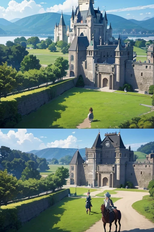 Scene with a horse and rider in front of the castle, black clover screenshot, screenshot from the anime film, Today’s recommended anime is still, castle scene manga, Screenshot of the 2012 animation, anime scene, TV animation stills, anime movie screenshot, Still from anime, boromir in an anime world, Opening scene, animation still frame