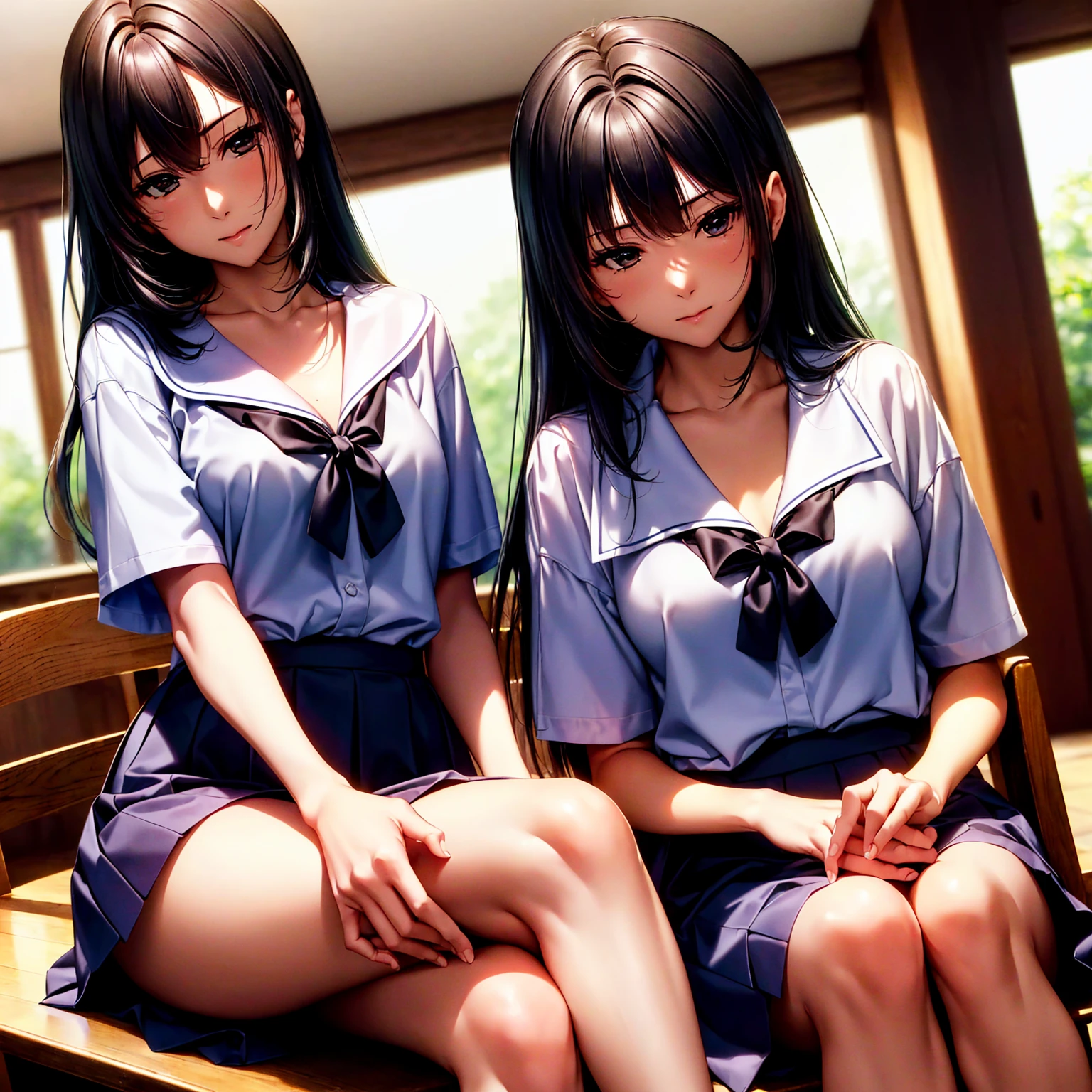 (((最hightqualityの画像、masterpiece level、very high res、超A high resolution,hightqualityのディテール)))、She is the ultimate beauty with black hair and wears a high school uniform.、Sitting cross-legged on a chair in a school classroom、(Accurate images,accurate anatomy,Detail Details,hightquality,high-level image quality,Images without defects)