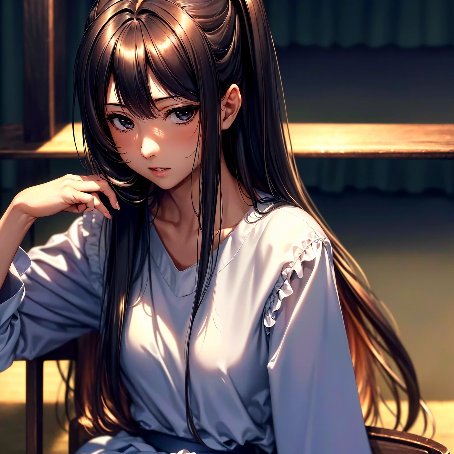 (((最hightqualityの画像、masterpiece level、very high res、超A high resolution,hightqualityのディテール)))、She is the ultimate beauty with black hair and wears a high school uniform.、Sitting cross-legged on a chair in a school classroom、(Accurate images,accurate anatomy,Detail Details,hightquality,high-level image quality,Images without defects)