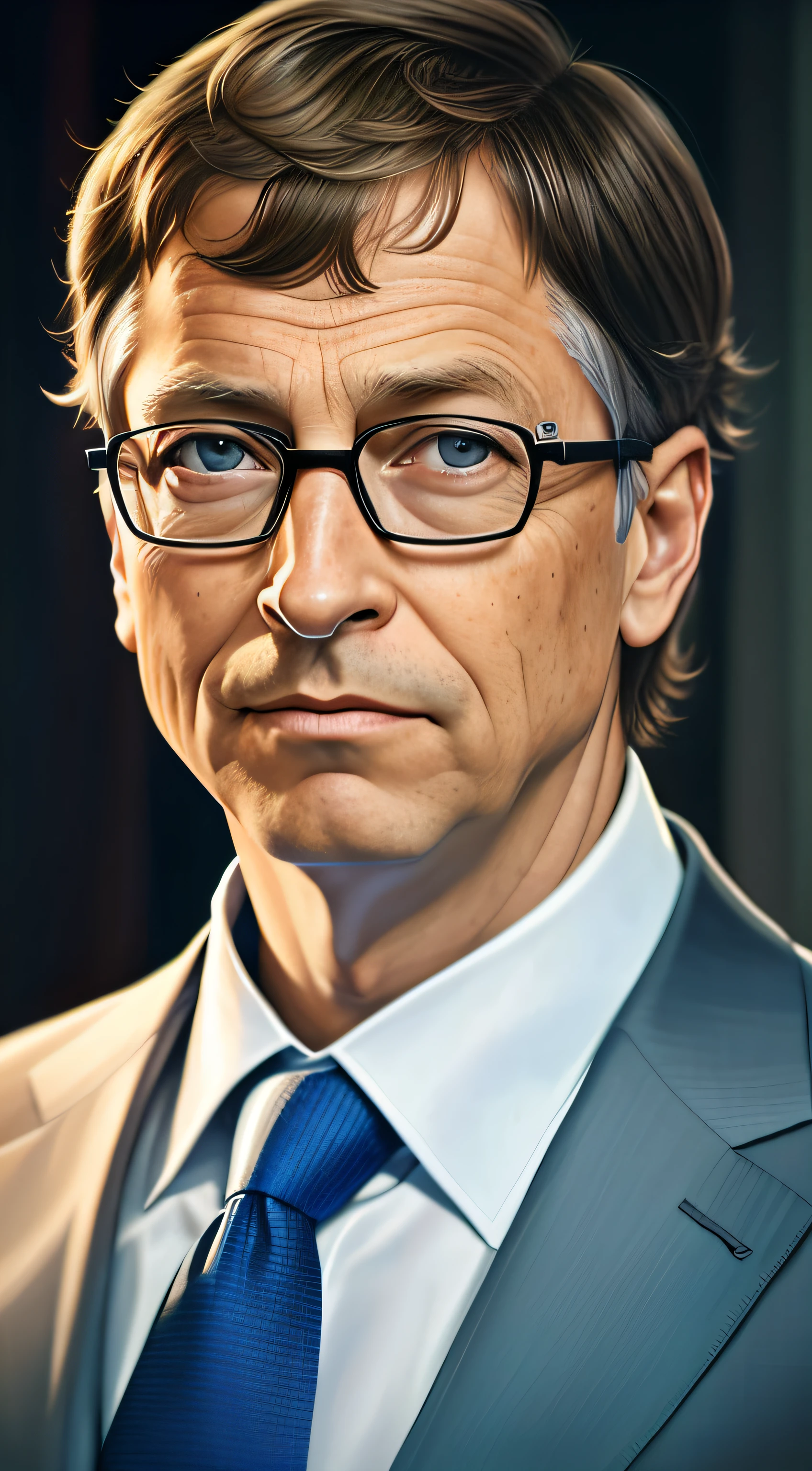 A closeup of a man wearing glasses and a suit, retrato de alta qualidade, retrato de ultra realista, Retrato de corpo inteiro de Bill Gates, Bill Gates em Overwatch, Realistic portrait, retrato fotorrealista, pintura digital hiper-realista, foto retrato realista, retrato hiper-realista, pintura digital fotorrealista, hyperrealistic illustration, retrato realista da foto, arte digital altamente realista, pintura digital ultra realista