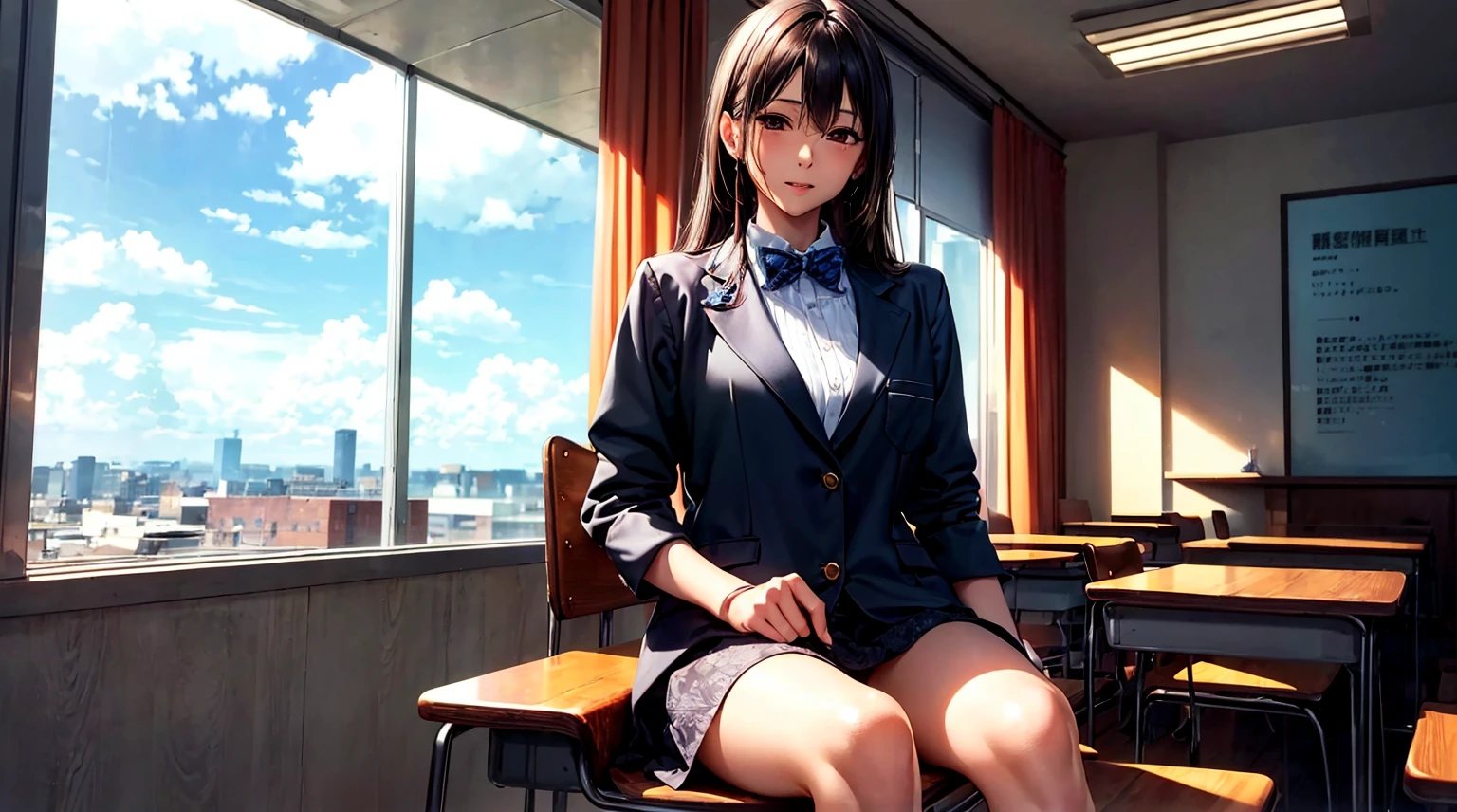 ulzzang-6500-v1.1, (Raw photo:1.2), (Photorealistic:1.4), Beautiful detailed girl, Very detailed eyes and face, Beautiful detailed eyes, Ridiculous, Incredibly ridiculous, Ultra detailed, High resolution, Very detailed, Best quality, Masterpiece, ((Japan girls' high school uniform)), In the classroom, by the window and outside the blue sky, unified, 8k wallpaper, fantastic, fine detail, masterpiece, top quality, highly detailed cg uniform 8k wallpaper,movie lighting,  girl, (dynamic pose))), (camel toe), (knee bending leg sitting)) --auto