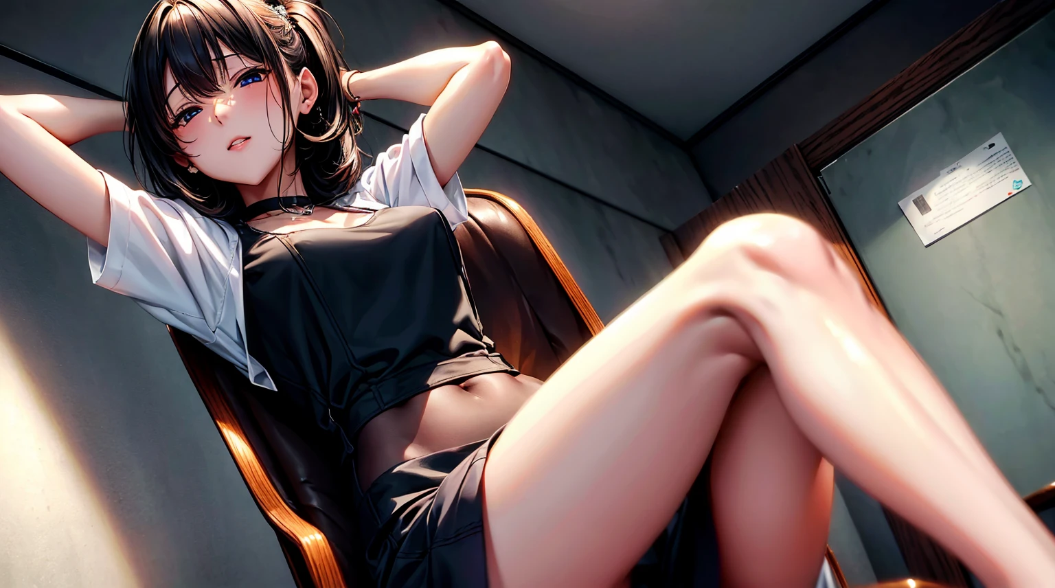 (((最hightqualityの画像、masterpiece level、very high res、超A high resolution,hightqualityのディテール)))、She is the ultimate beauty with black hair and wears a high school uniform.、Sitting cross-legged on a chair in a school classroom、(Accurate images,accurate anatomy,Detail Details,hightquality,high-level image quality,Images without defects)