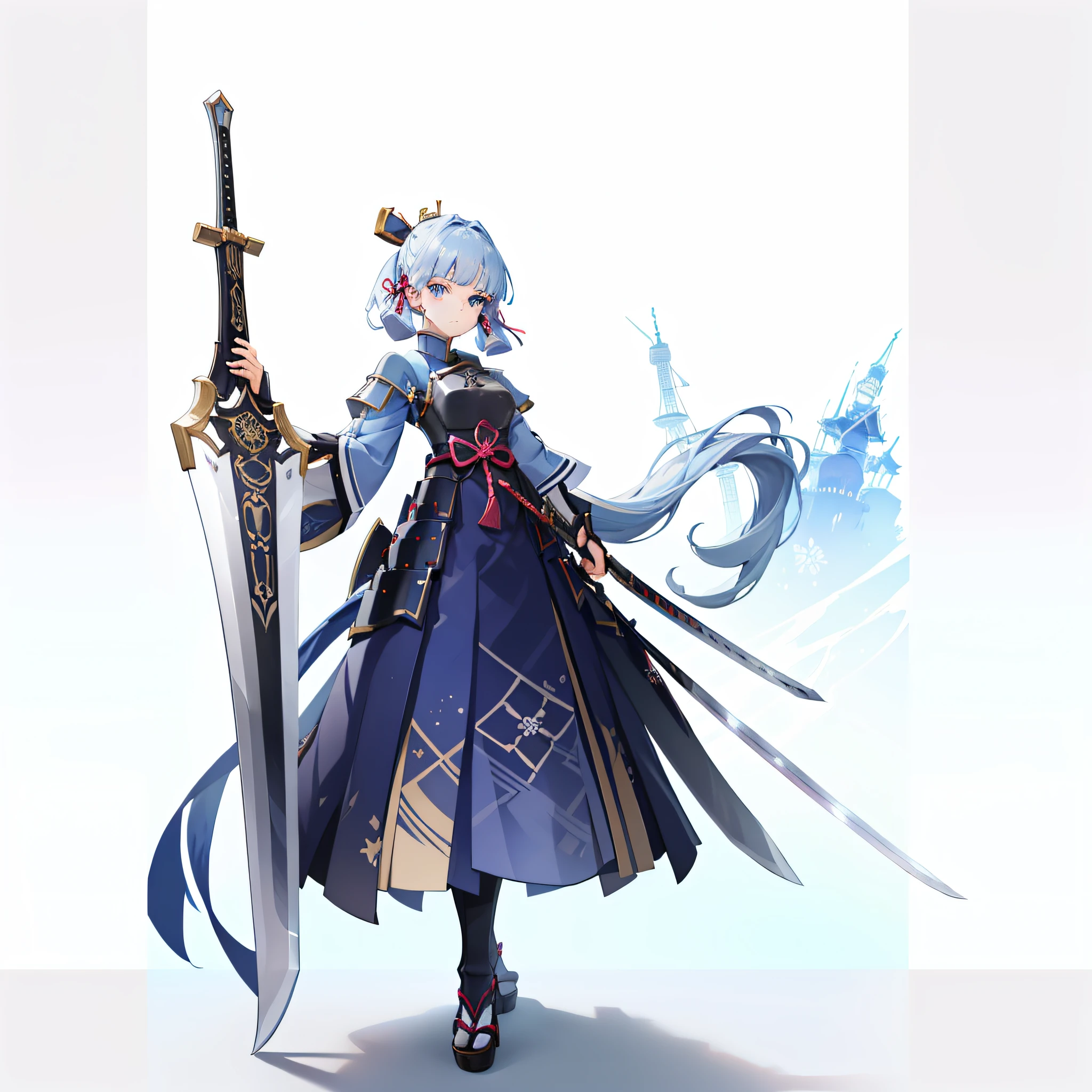 look at viewr, 1girl in,  best qualtiy, Blue hair, Indigo eyes, Japanese-style armor, Sword in hand, Electric, kamisato ayaka, Full body, blush, Serious face、Ultra Detail、high-level image quality、hight resolution、depth of fields、mansion、castle town