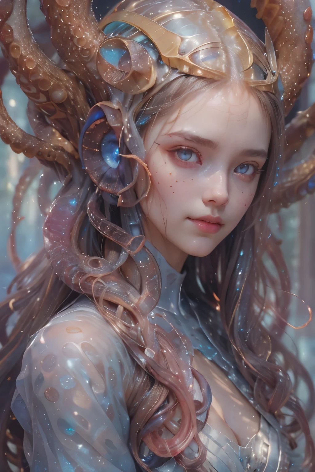 Portrait, (beautiful female alien:1.2), (she has red eyes with no pupils:1.8), (Translucent skin:1.7), (There is a female genital-like organ in the middle of the forehead:1.9), (The most beautiful face in the history of the universe:1.2),an evil gaze that seduces, (large mouth:1.1), (sharp teeth like a vampire:1.2), Full body like, (bio luminescent:1.5), (Smile wickedly:1.3), (sexypose:1.5), alien, No humans, cells are fused, (Lots of translucent tentacles:1.3) extraterrestrial, cell, bio image, Best Quality, 8K,4K_quality, High Definition, Dramatic Lighting, masutepiece:1.5,cinematic quality, detail up, (Intricate details:1.2), High resolution, High Definition, drawing faithfully, (Thick eyebrows:1.2), Beautiful eyes with fine symmetry,(Highly detailed face and eyes:1.2), Intimate face, (Super detailed skin quality feeling:1.4), Perfect Anatomy, (Beautiful toned body:1.5), (Moist skin:1.2), No makeup, (dark circles:1.1), long canines, cinematic drawing of characters, ultra high quality model, cinematic quality, detail up, (Intricate details:1.2), High resolution, High Definition, drawing faithfully, Official art, Unity 8K wall , 8K Portrait, Best Quality, Very High resolution, ultra detailed artistic photography, midnight aura, unreal engine 5, Ultra Sharp Focus, art by alberto seveso, ArtGerm, Roisch, intricate artwork, best quality, masterpiece, ultra High resolution, (photos realistic:1.4), Ultra-realistic realism, dream-like, nautilus, Creation of fantasy, Snail, Dream Snail, (biopunk nautilus:1.3), Thrilling color schemes, Ultra-realistic realism, seductively smiling, Blue tentacles,