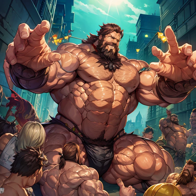 Nsfw art: A naked without clothes or pants muscular hairy man with a brown skin, a big amount of chest hair, a black beard, black hair, with big and cum on his abs and scars, raising both hands wide open as he is smirking while having a side smile, let him have a pierced in his nipple and make him in the style of Overwatch characters as Cassidy reference. Make him cum from his and show his penis in overwatch style art no clothes