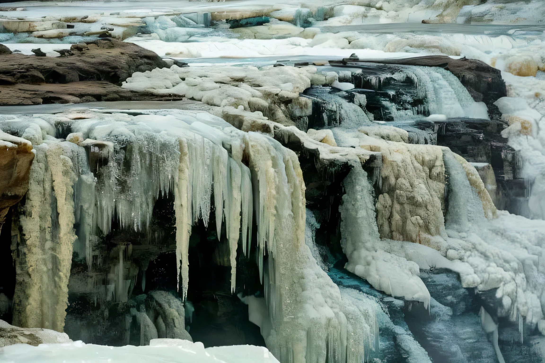 araffe falls with Icicles and water flowing down it, Frozen waterfalls, icy landscape, Cold but beautiful, icy, Stunningly detailed, icy glaciers, frozen sea, glacier photography, scary sharp icy, Water waterfall, Covered in , frozen and Covered in , Icicles, in an icy river, river rapids, frozen river, icy