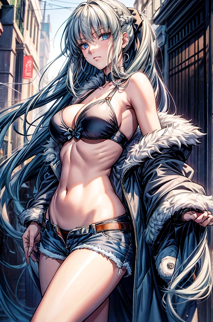 (Enrich the picture,Masterpiece level quality)Beautiful 8K CG artwork,1girl,solo,morgan le fay (fate),detailed face, perfect face, perfect eyes,blue eyes,Long Hair, pony tail,Very long hair, big boob, black bow,Hair Bow, thights,side locks, French braid, grey hair,chuckle,Slim and soft,big breasts,Black Bikini,denim short shorts,open shorts,oversized white fur coat,white coat,hands in pocket,combat boots,