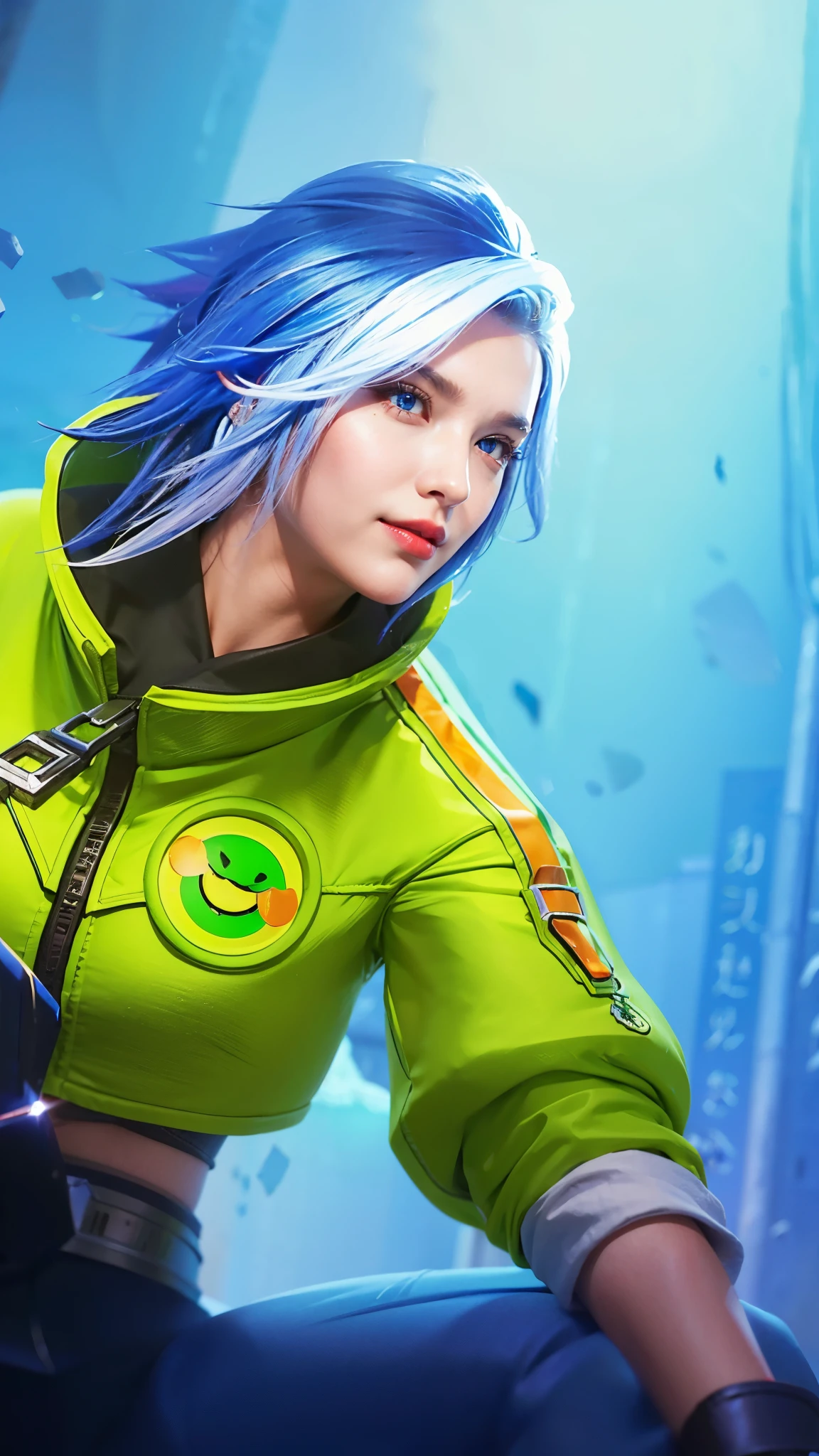 (female:1.2), 8k, ultra hd, ultra detailed texture, hyper realistic, masterpiece, detailed texture, detailed face, detailed skin, detailed lighting, (photorealistic:1.5), best quality, beautiful lighting, cinematic lighting, professional lighting, ultra highres, realistic, detailed hair, real hair, high quality, (realskin:1.5), extremely detailed, finely detail, ultra-detailed, 1girl, solo, elf, pointy ears, standing, demon horns, forehead protector, (red eyes:1.5), v-shapped eyebrow, lips, red lips, evil smile, nose, make up, pretty, beautiful, cute face, long hair, blue hair, high ponytail, large breasts, cleavage, armpit, navel, stomach, black armor, pauldrons, bare shoulders, shoulder armor, thigh high, sleevless, detached sleeves, breastplate, gauntlets, karina \(mobile legends\), depth of field, looking aways, white skin, skin tight, amazing pose, outdoors, glowing, dark view, blurry background, blue eyes, detail eyes.