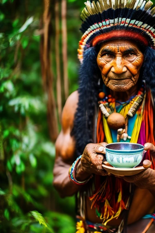 ancient shamanic native of the brazilian tribe, imagem colorida, Realistic, offering a cup of sacred tea with both hands together holding the tea