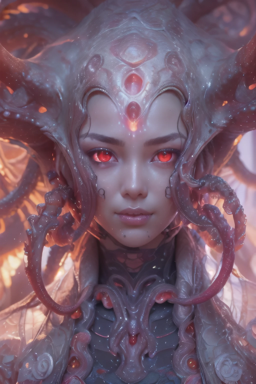(Portrait of a beautiful yet frightening female alien ager:1.4), ((There is a female genital-like organ in the middle of the forehead.:1.8)), (realistic face:1.2), Super realistic clear skin, she is very sleepy, (Number of award-winning masterpieces々, incredibly detailed, Texture and maximum detail), midnight aura, unreal engine 5, super sharp focus, midnight aura, unreal engine 5, super sharp focus, (art by Amano Yoshitaka:1.5), art germ, Reusch, intricate artwork, ultra realistic realism, High resolution, High freshness, draw faithfully, official art, Unity 8K 壁紙, Super detailed artistic photography, dream-like, fantasy creation, dream snail, (biopunk nautilus:1.3),thrilling color scheme, amazing mutation, well-proportioned body, goddess of the deep sea, fractal, Geometric pattern, impossible numberany transparent white tentacles with luminescent organs:1.4), Subtle emerald green accents, (smile seductively:1.3),(she has the most beautiful face in the history of the universe:1.5), (She looks down at the viewer with glowing red eyes without pupils:1.3), an evil gaze that seduces, cinematic lighting, (no makeup:1.3), (From the gap between your cute lips、Long canine teeth peek out like a vampire:1.5), in the palace hall, A sweet sigh leaks from your beautiful lips, ecstatic expression, She has countless hair-like translucent tentacles on her head.。