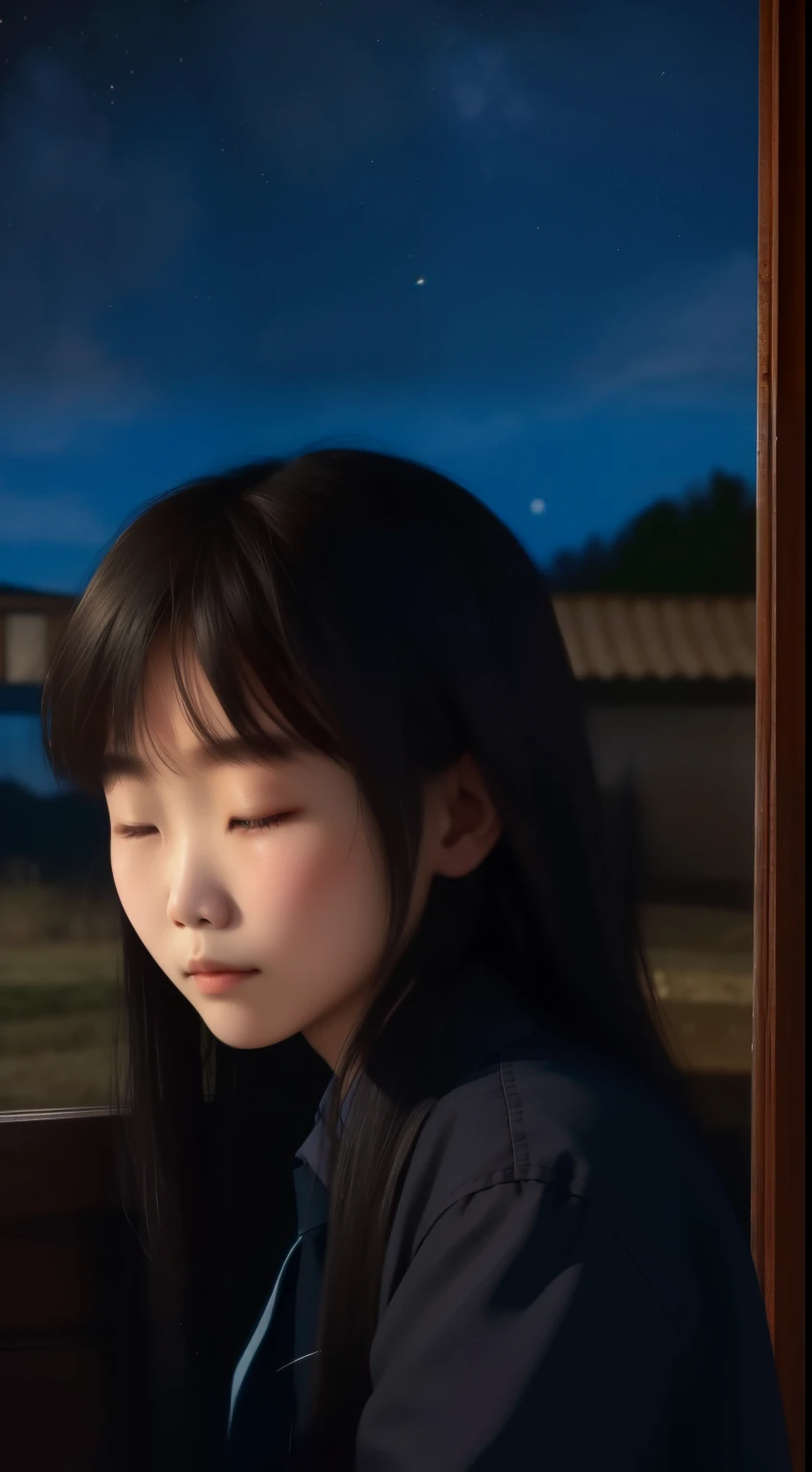 A 16-year-old North Korean girl wearing black clothes and suffering with her eyes squeezed shut in a country house on a dark night.