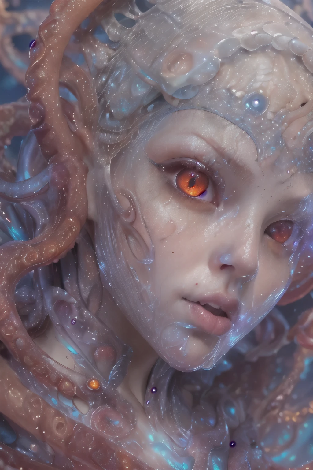 Portrait, (beautiful female alien:1.2),  (she has red eyes with no pupils:1.8), (Translucent skin:1.7),  (There is a female genital-like organ in the middle of the forehead:1.9), (The most beautiful face in the history of the universe:1.2),an evil gaze that seduces, (large mouth:1.1), (sharp teeth like a vampire:1.2), Full body like, (bio luminescent:1.5), (Smile wickedly:1.3),  (sexypose:1.5), alien, No humans, cells are fused, (Lots of translucent tentacles:1.3) extraterrestrial, cell, bio image, Best Quality, 8K,4K_quality, High Definition, Dramatic Lighting, masutepiece:1.5,cinematic quality, detail up, (Intricate details:1.2), High resolution, High Definition, drawing faithfully, (Thick eyebrows:1.2), Beautiful eyes with fine symmetry,(Highly detailed face and eyes:1.2), Intimate face, (Super detailed skin quality feeling:1.4), Perfect Anatomy,  (Beautiful toned body:1.5),  (Moist skin:1.2), No makeup, (dark circles:1.1), long canines, cinematic drawing of characters, ultra high quality model, cinematic quality, detail up, (Intricate details:1.2), High resolution, High Definition, drawing faithfully, Official art, Unity 8K wall  , 8K Portrait, Best Quality, Very High resolution, ultra detailed artistic photography, midnight aura,  unreal enginee 5, Ultra Sharp Focus, art by alberto seveso, ArtGerm, Roisch, intricate artwork, best quality, masutepiece, ultra High resolution, (photos realistic:1.4), Ultra-realistic realism, dream-like,  nautilus, Creation of fantasy, Snail, Dream Snail,  biopunk nautilus, Thrilling color schemes， Ultra-realistic realism， seductively smiling, Blue tentacles,