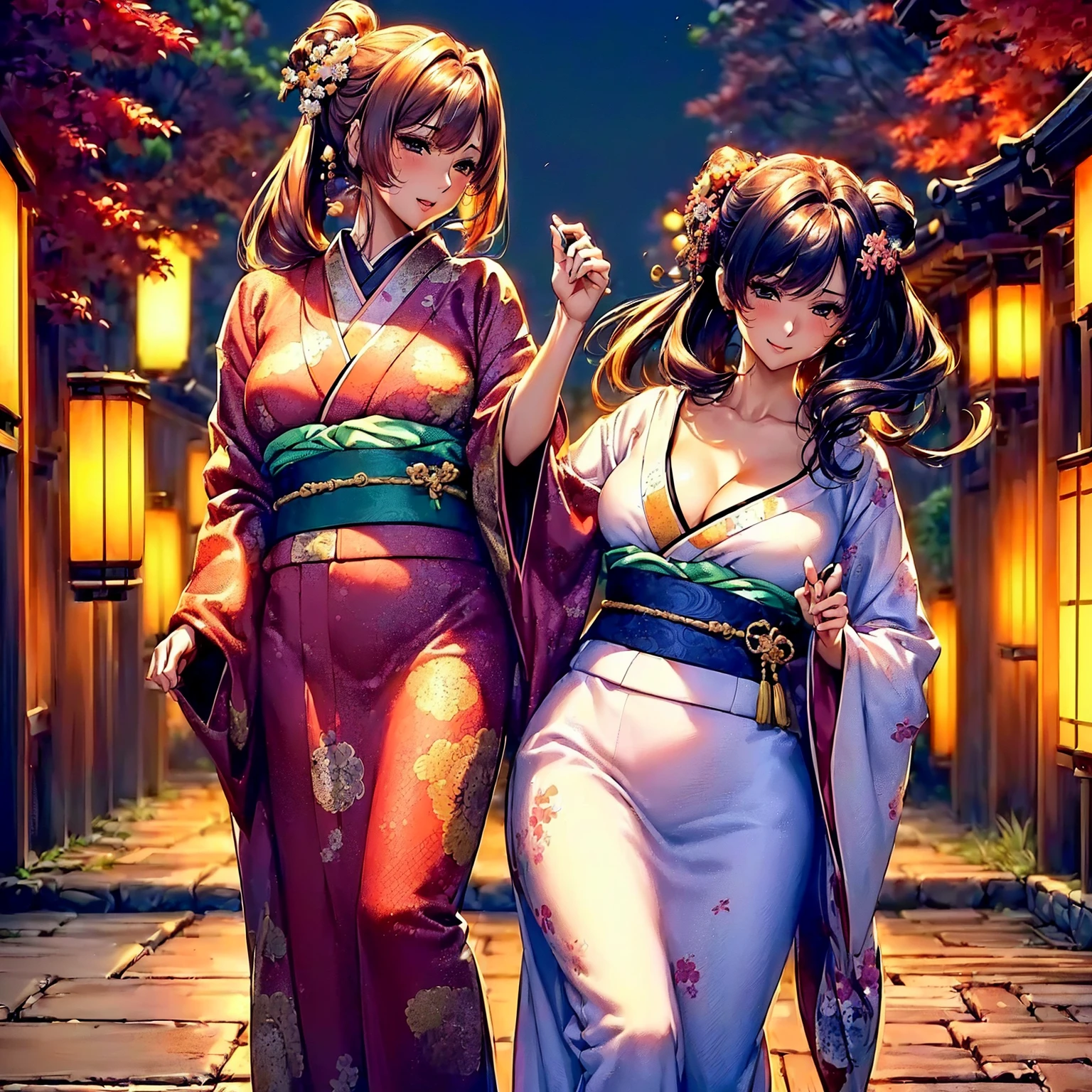 (top quality picture、masterpiece level、very high res、超A high resolution,High quality detailing)、(A 24-year-old beautiful girl with perfect and ultimate beauty..,beautiful breasts and figure,Beautiful body,美丽的面容,Strong-willed eyes,Have a bright smile,line of sight,Mouth opens:1.5)、(There are many variations of hairstyles,Bangs are neatly arranged,long straight hair on the side,Beautiful hair:1.2),lifelike textures,Beautiful colors,(She is wearing a Japanese kimono with beautiful colors.,Richly colored kimono,Wear a Japanese kimono with beautiful colors and patterns,Wear a Japanese kimono with beautiful colors and patterns,Japanese decoration,Japanese hair,shoulders are exposed,I can see the cleavage, I can see the thighs.:1.2)(The wind is blowing,The wind blows and the sleeves and obi of the kimono flap.,Hair flutters under the influence of the wind:1.2),Beautiful Japan garden,fantastic night sky and moon,Lanterns are lit,nighttime scene,Beautiful Landscapes,(The whole body,accurate anatomy、extremely detailed picture、Accurate images、Perfect Image 1.5)、beautiful anime woman, Beautiful Art Style, an animated character、(The whole picture、Detailed picture、Defect-free images、natural soft light、beautiful image),(Best Shot 1.2)