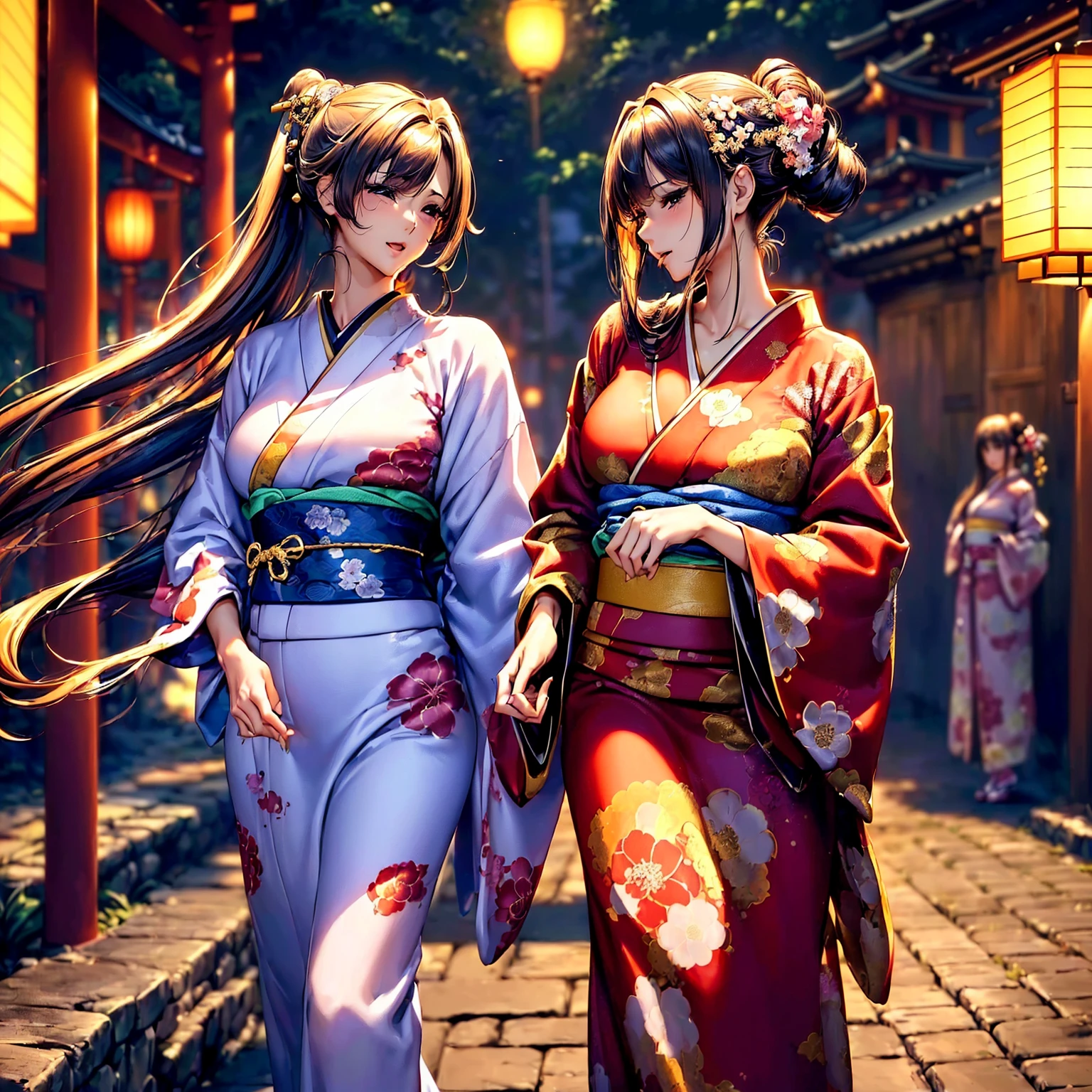 (top quality picture、masterpiece level、very high res、超A high resolution,High quality detailing)、(A 24-year-old beautiful girl with perfect and ultimate beauty..,beautiful breasts and figure,Beautiful body,美丽的面容,Strong-willed eyes,Have a bright smile,line of sight,Mouth opens:1.5)、(There are many variations of hairstyles,Bangs are neatly arranged,long straight hair on the side,Beautiful hair:1.2),lifelike textures,Beautiful colors,(She is wearing a Japanese kimono with beautiful colors.,Richly colored kimono,Wear a Japanese kimono with beautiful colors and patterns,Wear a Japanese kimono with beautiful colors and patterns,Japanese decoration,Japanese hair,shoulders are exposed,I can see the cleavage, I can see the thighs.:1.2)(The wind is blowing,The wind blows and the sleeves and obi of the kimono flap.,Hair flutters under the influence of the wind:1.2),Beautiful Japan garden,fantastic night sky and moon,Lanterns are lit,nighttime scene,Beautiful Landscapes,(The whole body,accurate anatomy、extremely detailed picture、Accurate images、Perfect Image 1.5)、beautiful anime woman, Beautiful Art Style, an animated character、(The whole picture、Detailed picture、Defect-free images、natural soft light、beautiful image),(Best Shot 1.2)